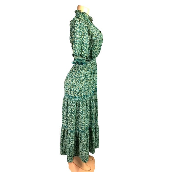 Green Floral Maxi Dress Ruffles 1/2 Sleeve Boho Prairie Size Medium Cottagecore - Picture 3 of 10